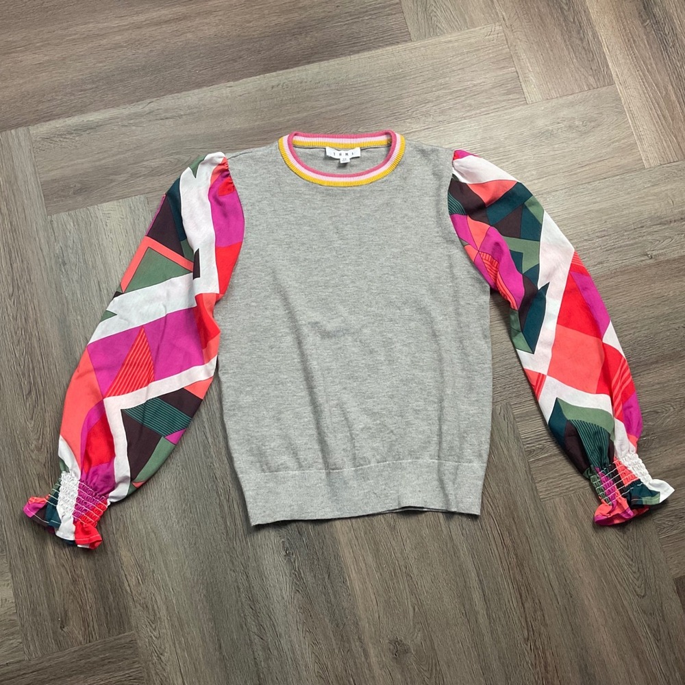 THML Geometric Puff Sleeve Knit‎ Sweater Womens XS Gray Pink